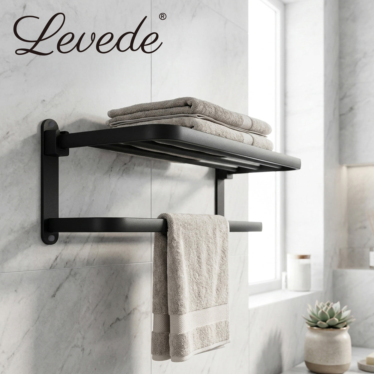 Towel Holder With 2 Bars Wall Mounted No Drill Bathroom Shelf Black | Black