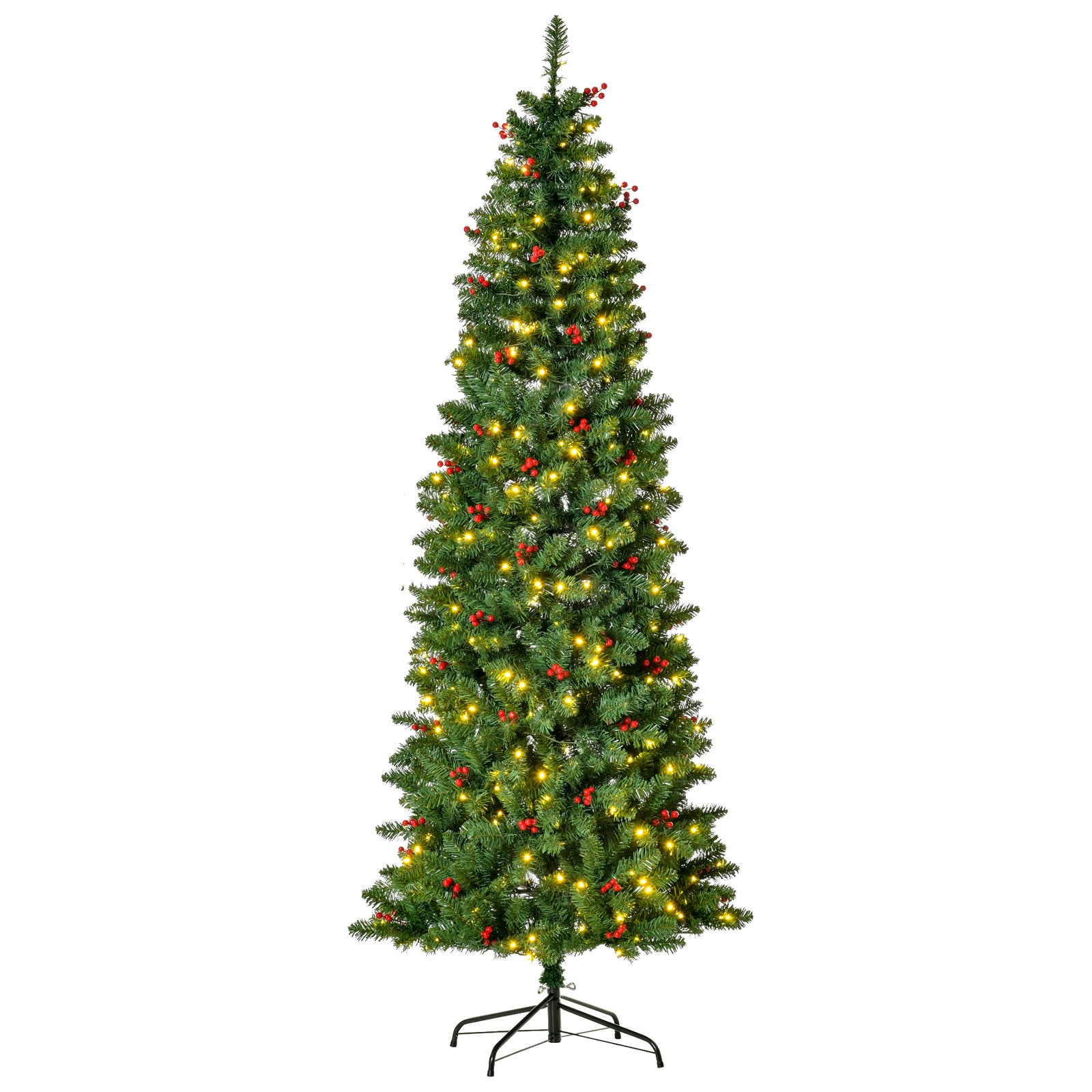 5/6/7ft Prelit Pencil Christmas Tree With Led And Berry | 7ft | Green