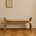 Artisan Furniture Solid Wood Rattan Weave Boucle Bench, Upholstered