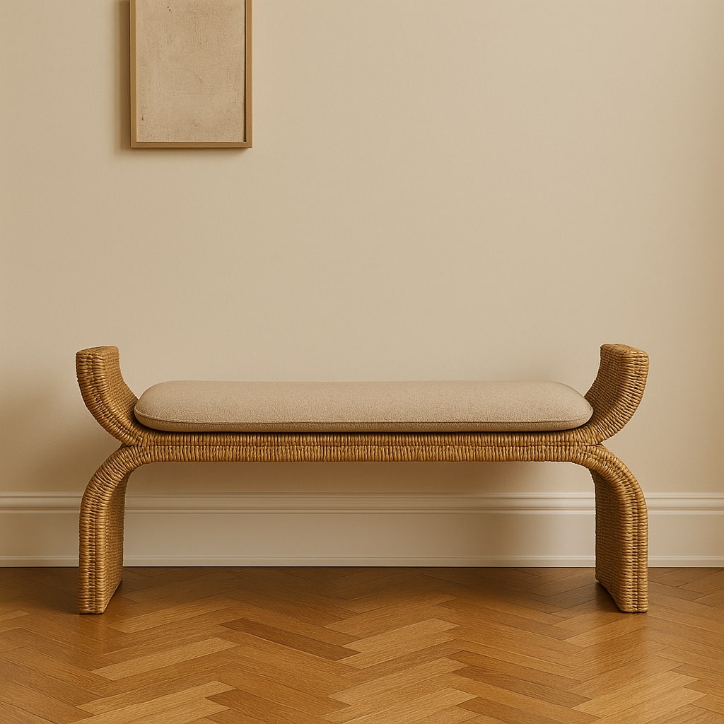 Artisan Furniture Solid Wood Rattan Weave Boucle Bench, Upholstered