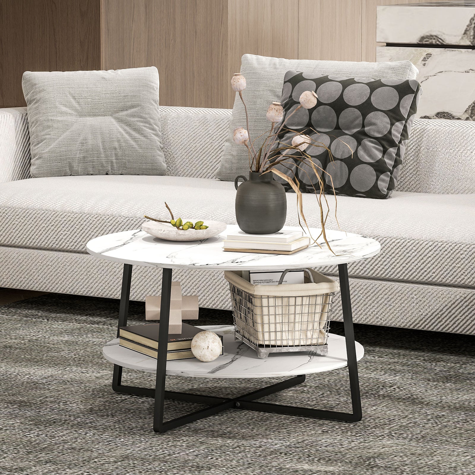 Round Coffee Table With Storage Shelf And Marble Effect Top