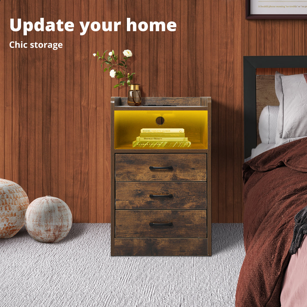 Bedside Table Nightstand Usb Charger Outlet Rgb Led 3 Drawers Oak | Oak