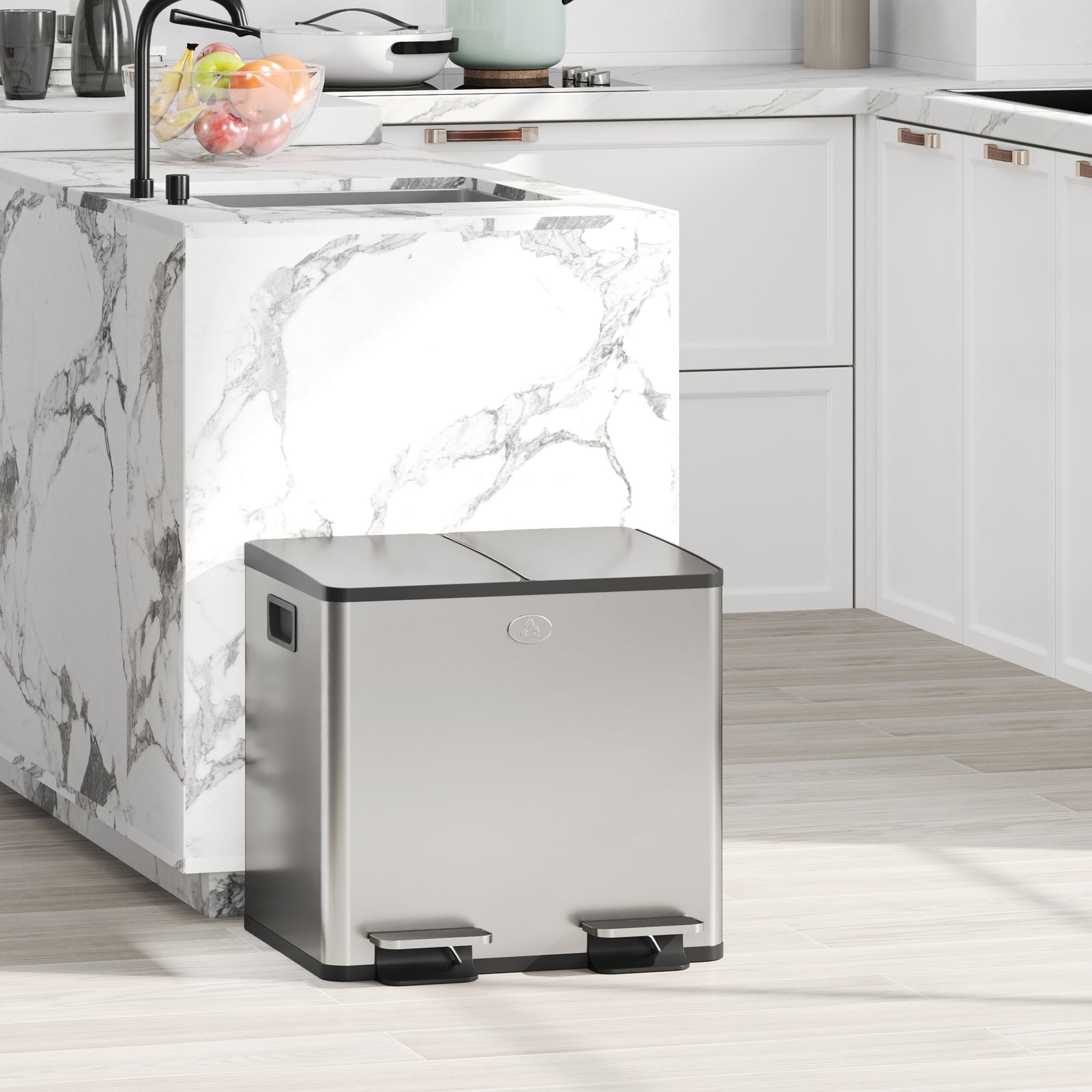 Dual Kitchen Bin Pedal Bin For Recycling And Waste, Silver Tone | M | Silver