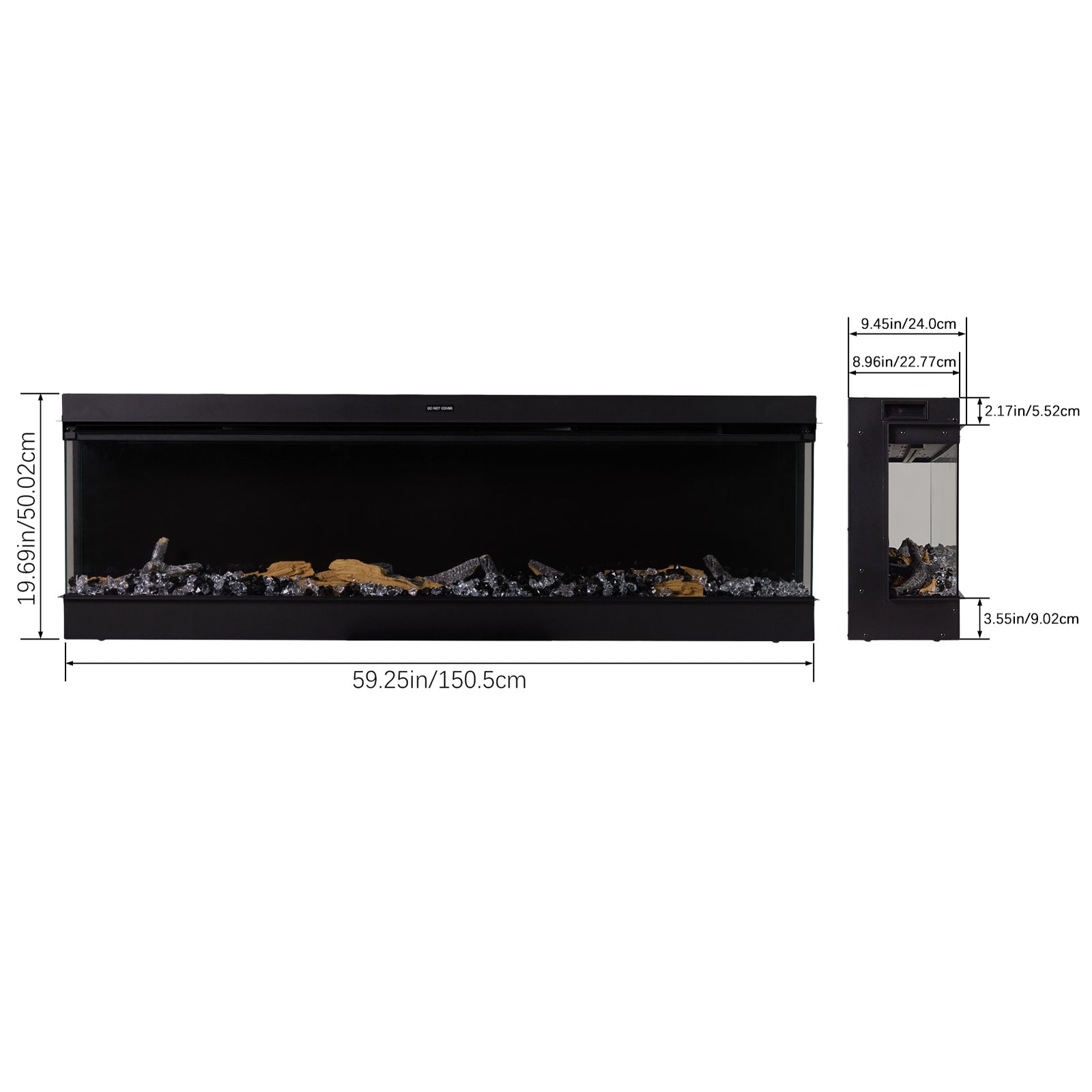 60’’ Smart Electric Fireplace with 3-Sided Panoramic Flame, WiFi  App Control, 750W/1500W Heater, 12 Flame Colours, Crackling Sound & Adjustable Thermostat, Recessed Black Fireplace Heater