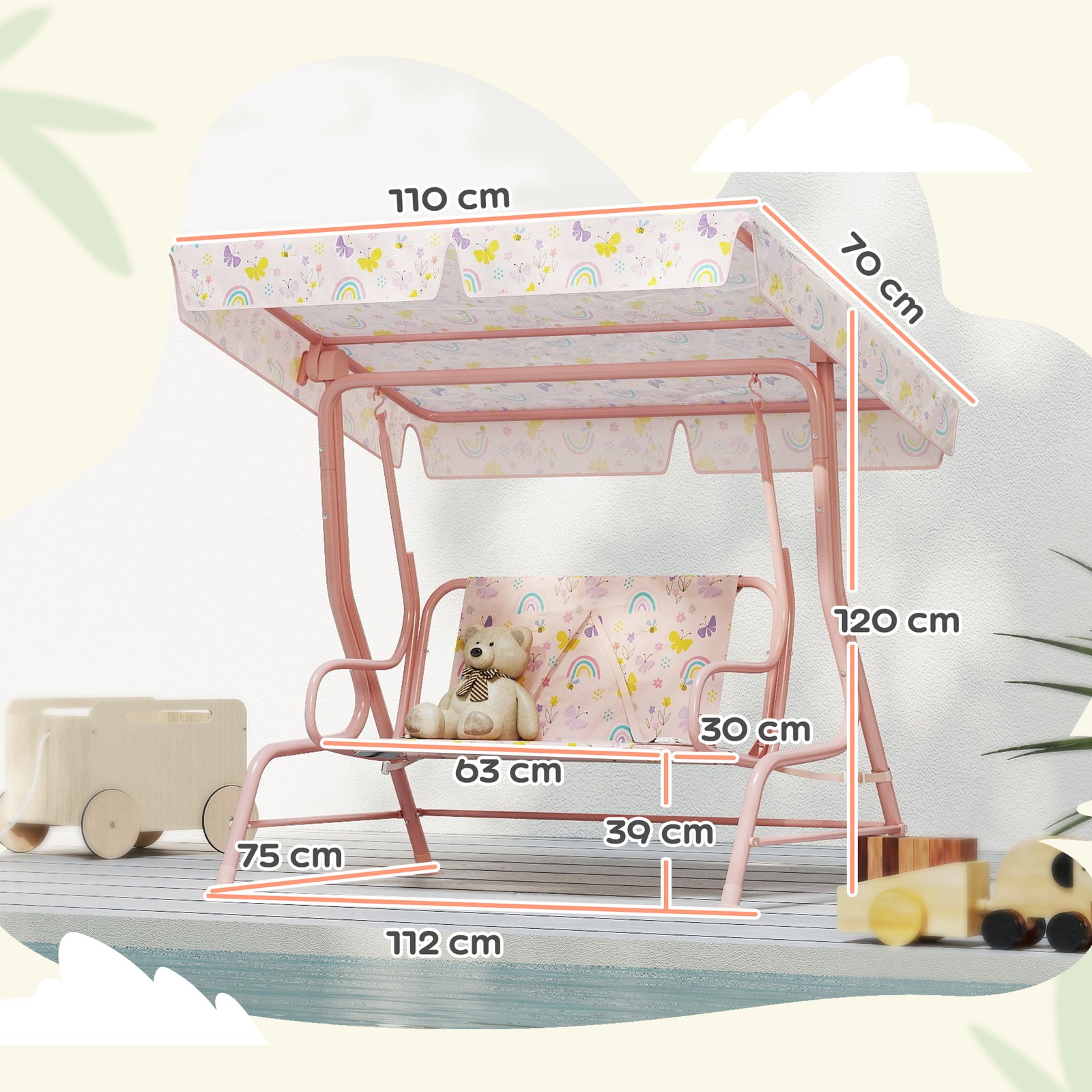 Kids Garden Swing Seat, Outdoor Swing Chair With Adjustable Canopy | Pink