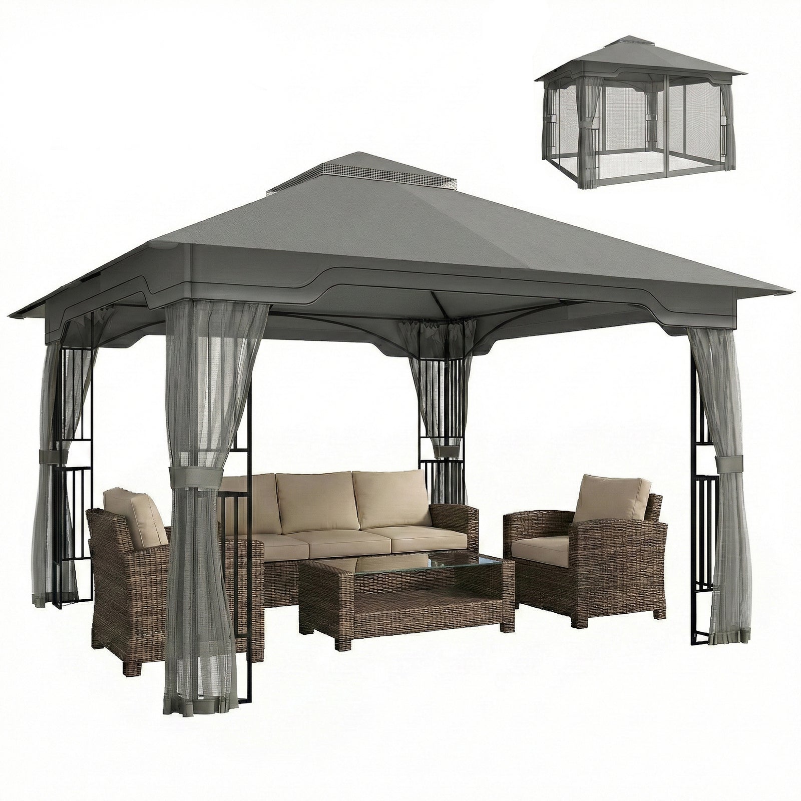 3.3 X 3.3 M Garden Gazebo With Shelves, Upf50+ Permanent Gazebo | Dark Grey