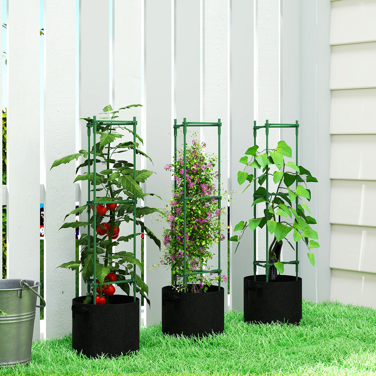 Outsunny 3 Packs Tomato Cages With 83.7l Grow Bags, 120cm Plant Stakes