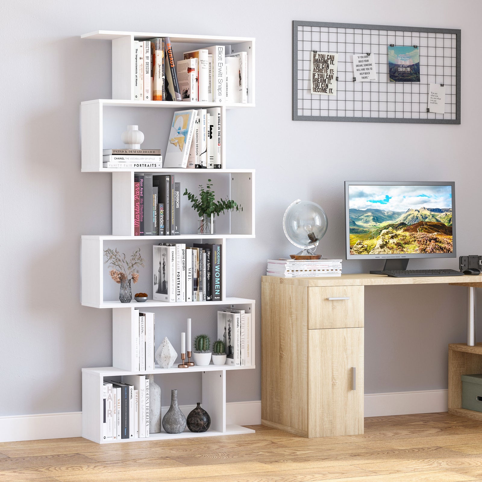 Storage Bookcase 6 Shelves Wood Bookshelf S Shape | One Size | White