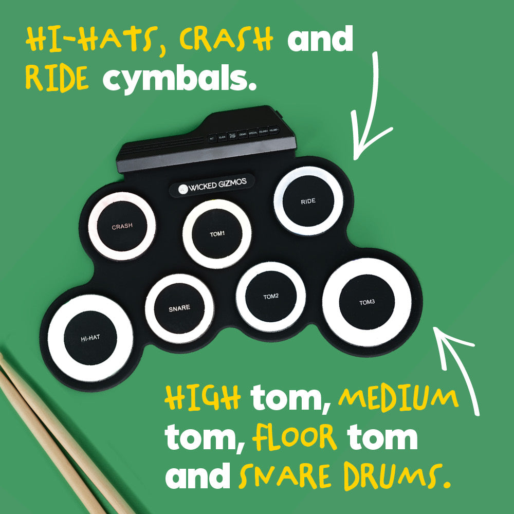 Wicked Gizmos Electronic Drum Kit Roll Up Mat With Demo Songs And Sticks White
