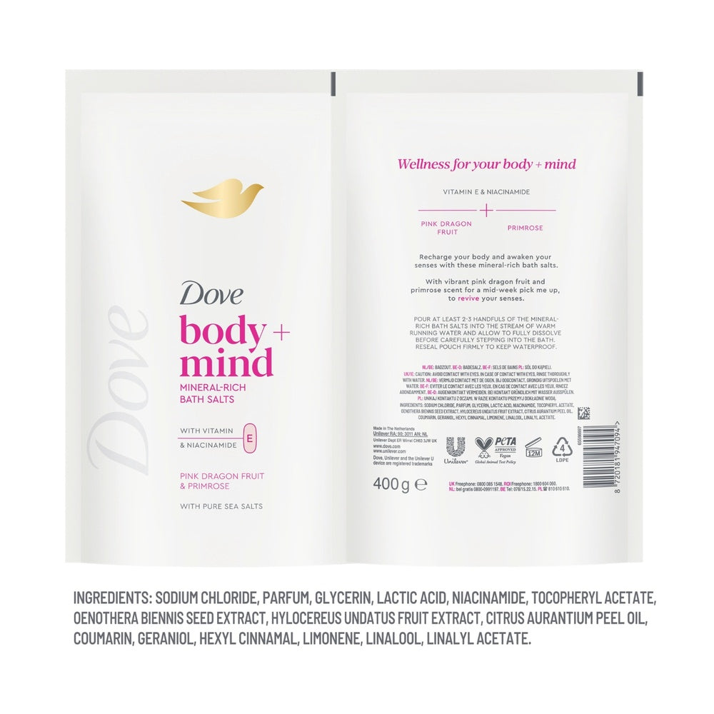 Body + Mind Mineral-rich Bath Salts, Dragon Fruit & Primrose, 400g | Set-of-6