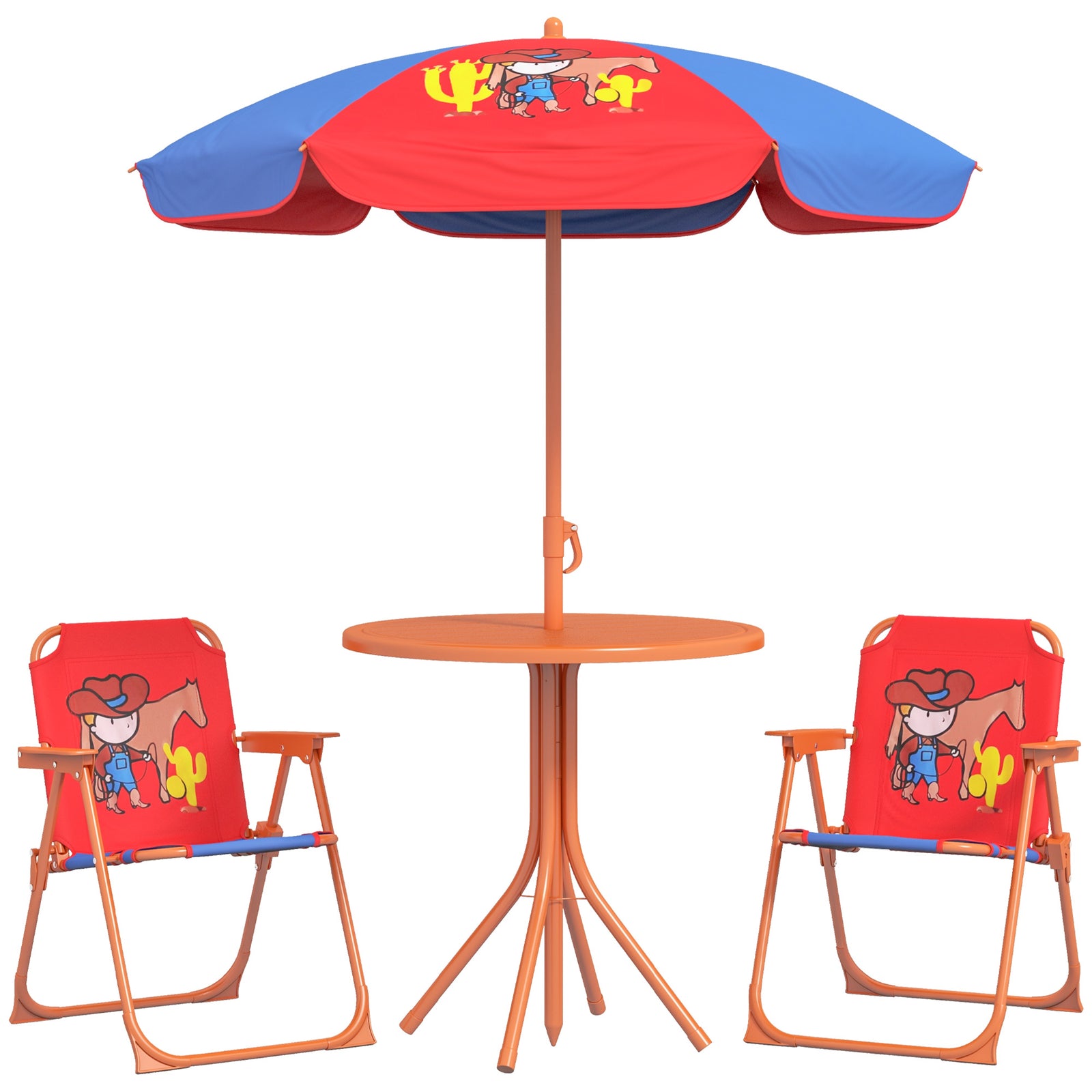 Kids Bistro Table And Chair Set W/ Cowboy Theme, Adjustable Parasol