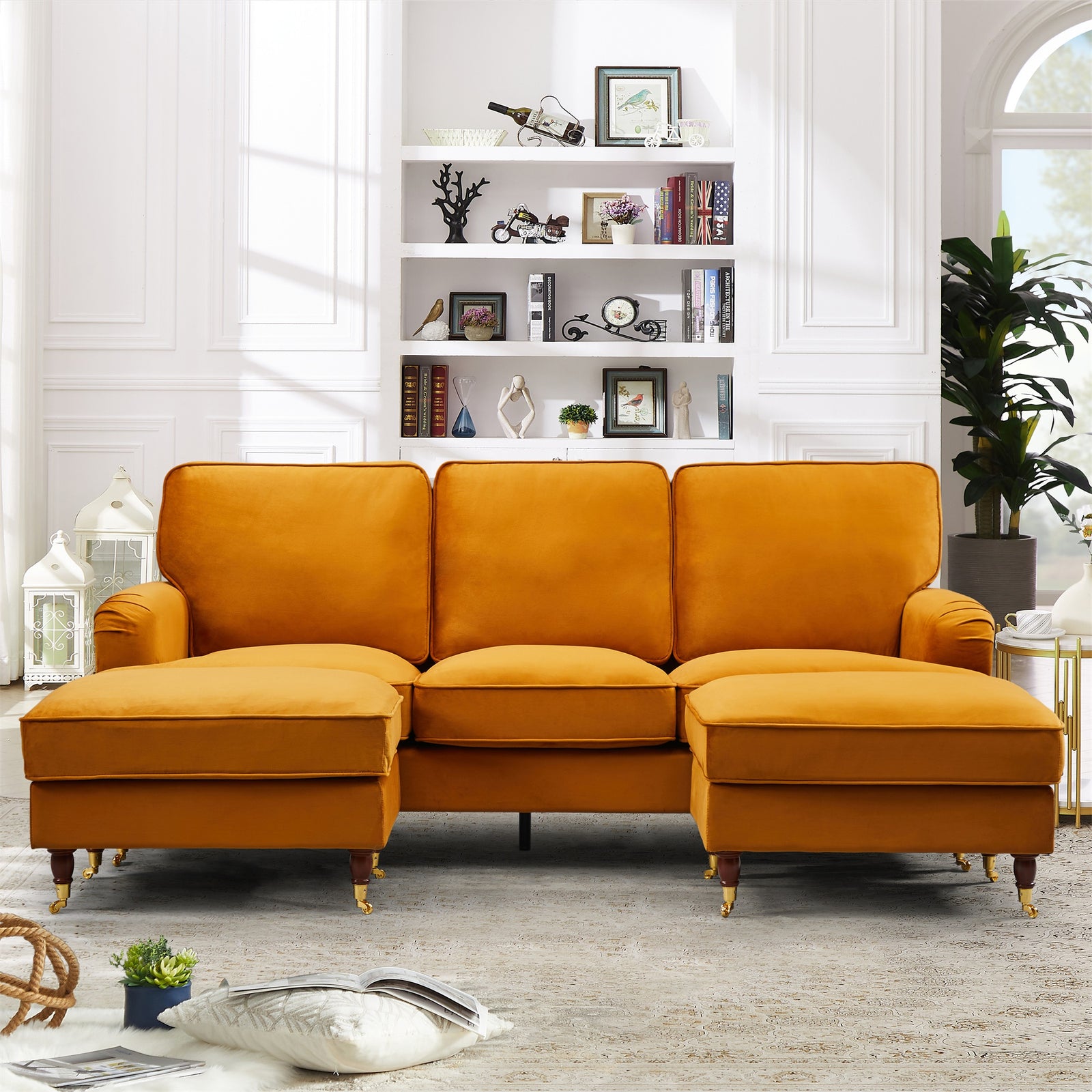 Woodbury 218cm Wide U-shaped Velvet Fabric Corner Sofa | 3 | Orange