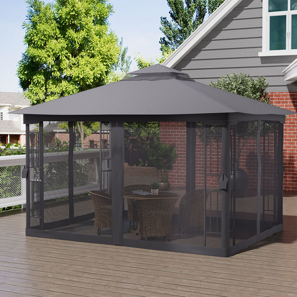 395cm X 295cm Outdoor Garden Gazebo With Ventilated Roof And Mesh Curtains,steel Frame Patio Shelter & Pa-coated Polyester Canopy For Backyard And Parties