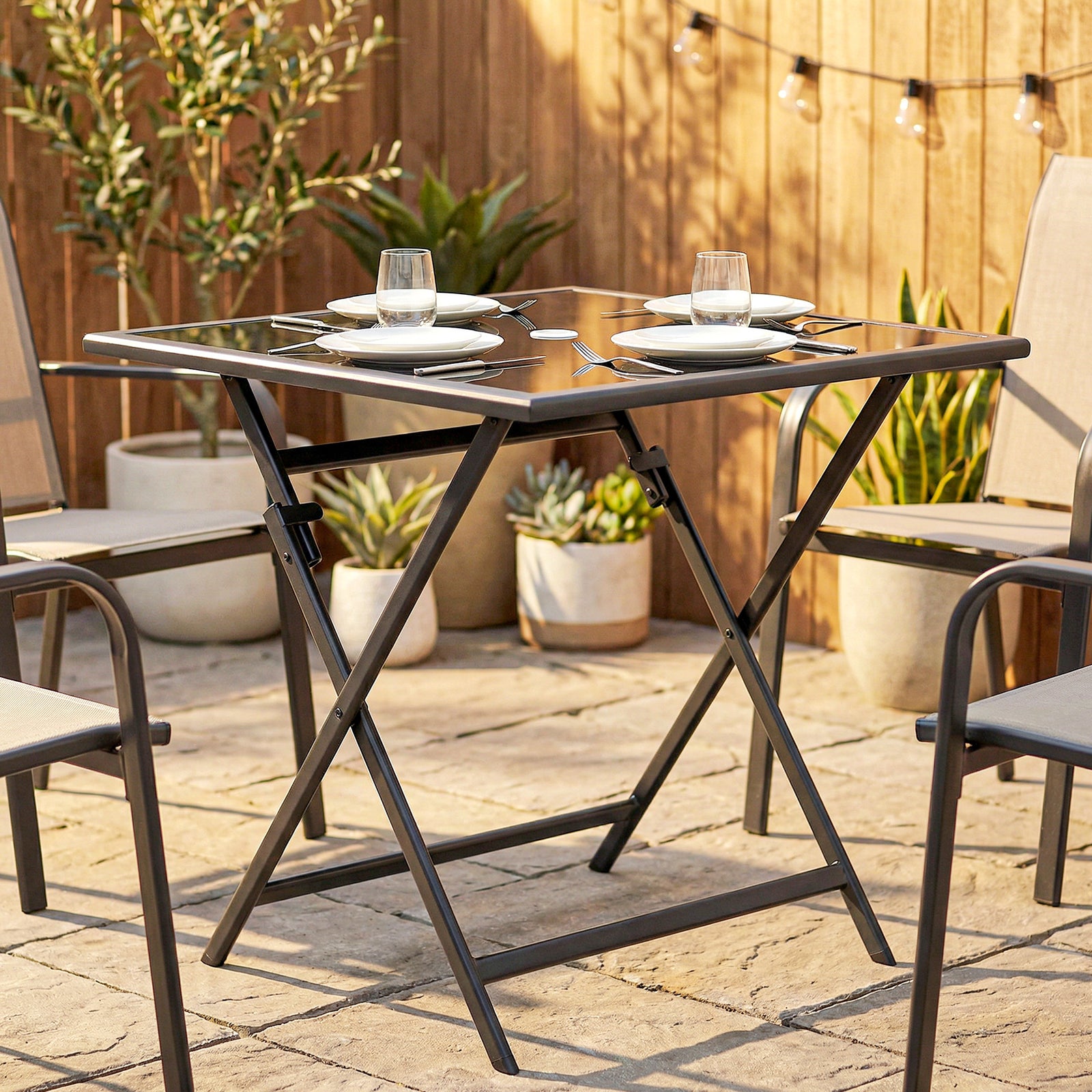 Folding Square Garden Dining Table With Parasol Hole | Black