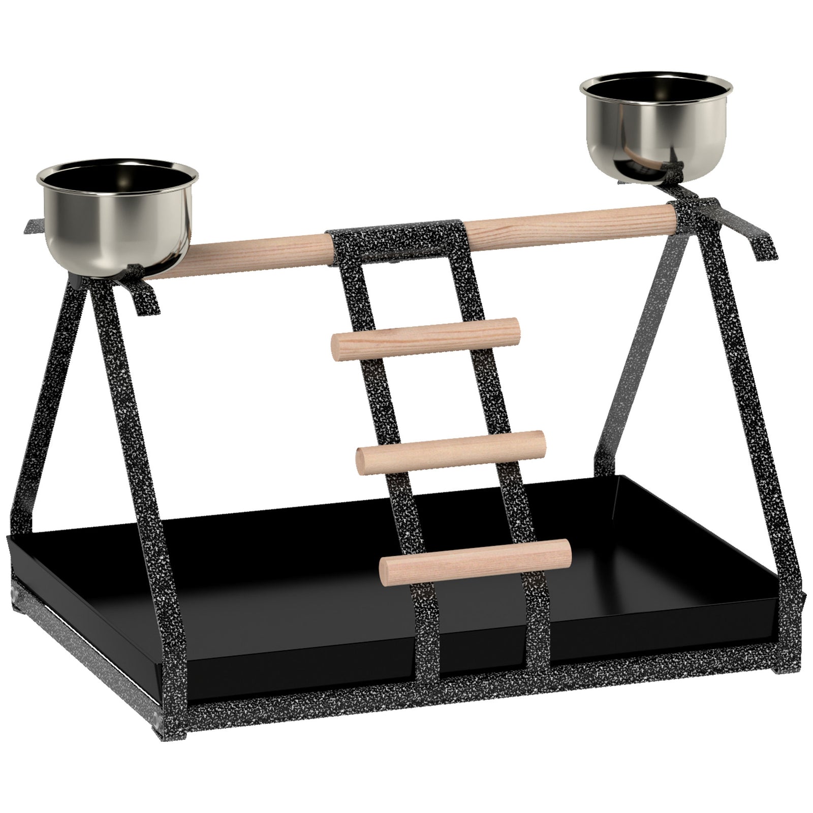 Pawhut Portable Bird Stand Resting Stainless Steel Base Wood Perch Ladder Bowls