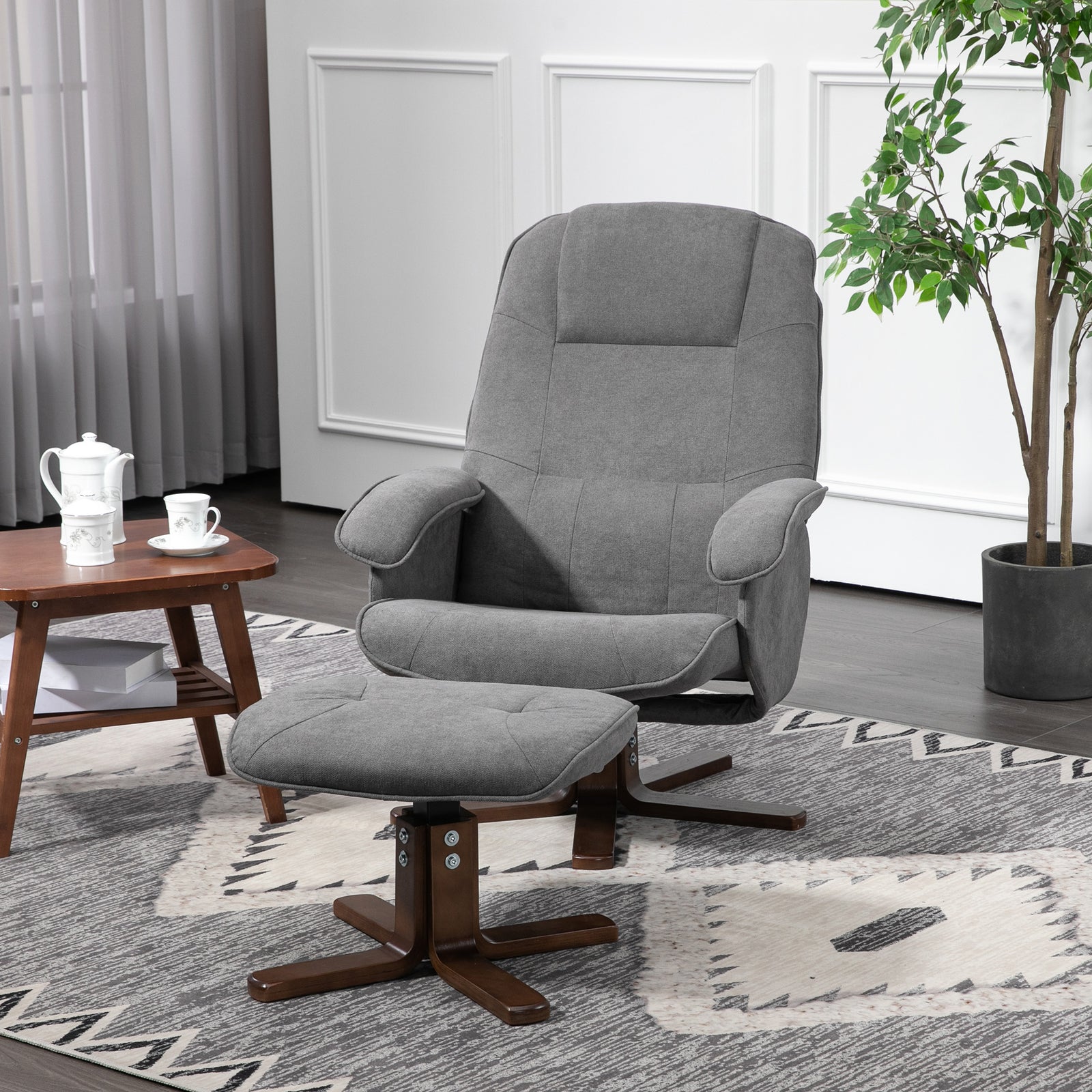 Swivel Recliner Chair And Footstool Fabric Wooden Base | One Size | Gray