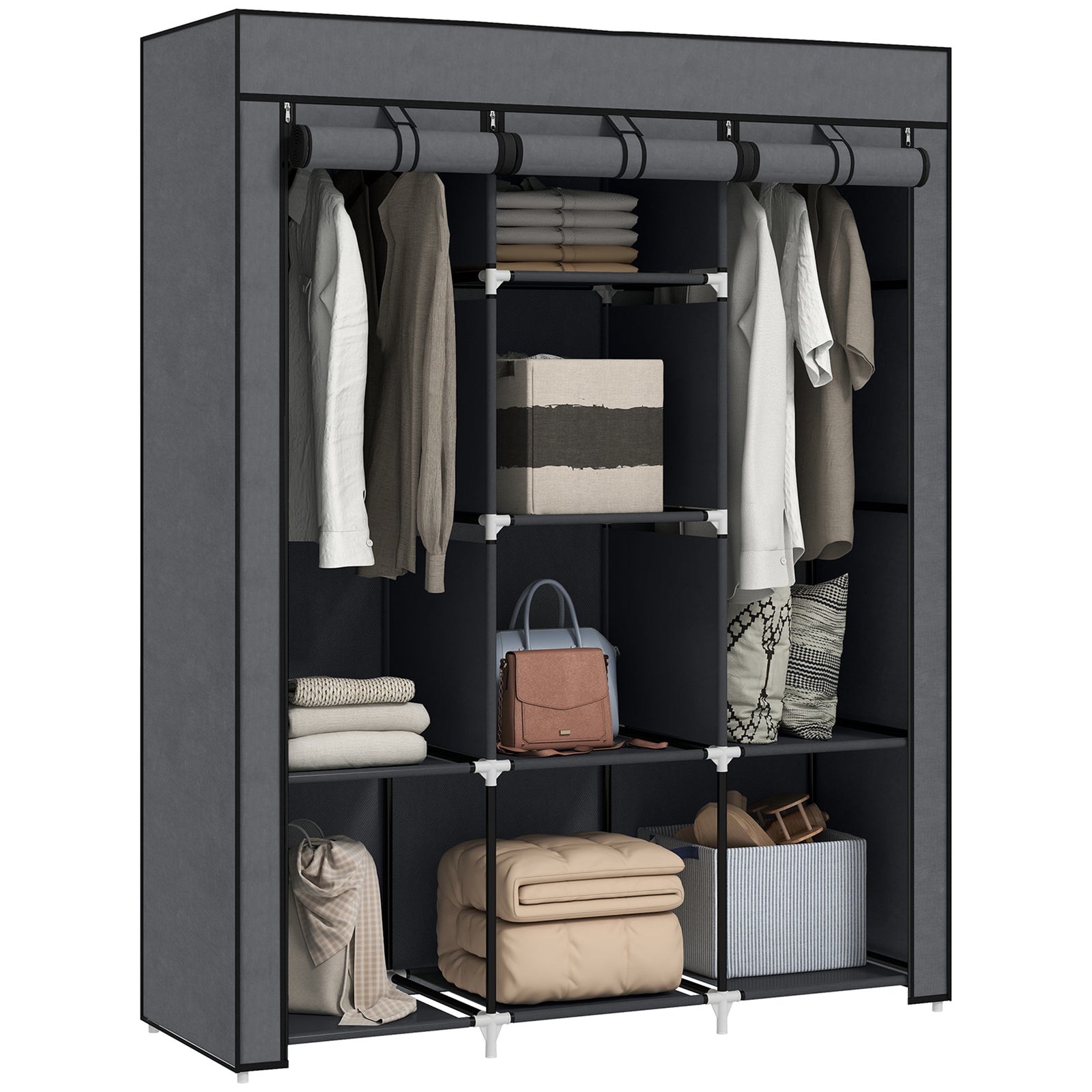 Fabric Portable Wardrobe With 8 Shelves 2 Hanging Rails | Dark Grey
