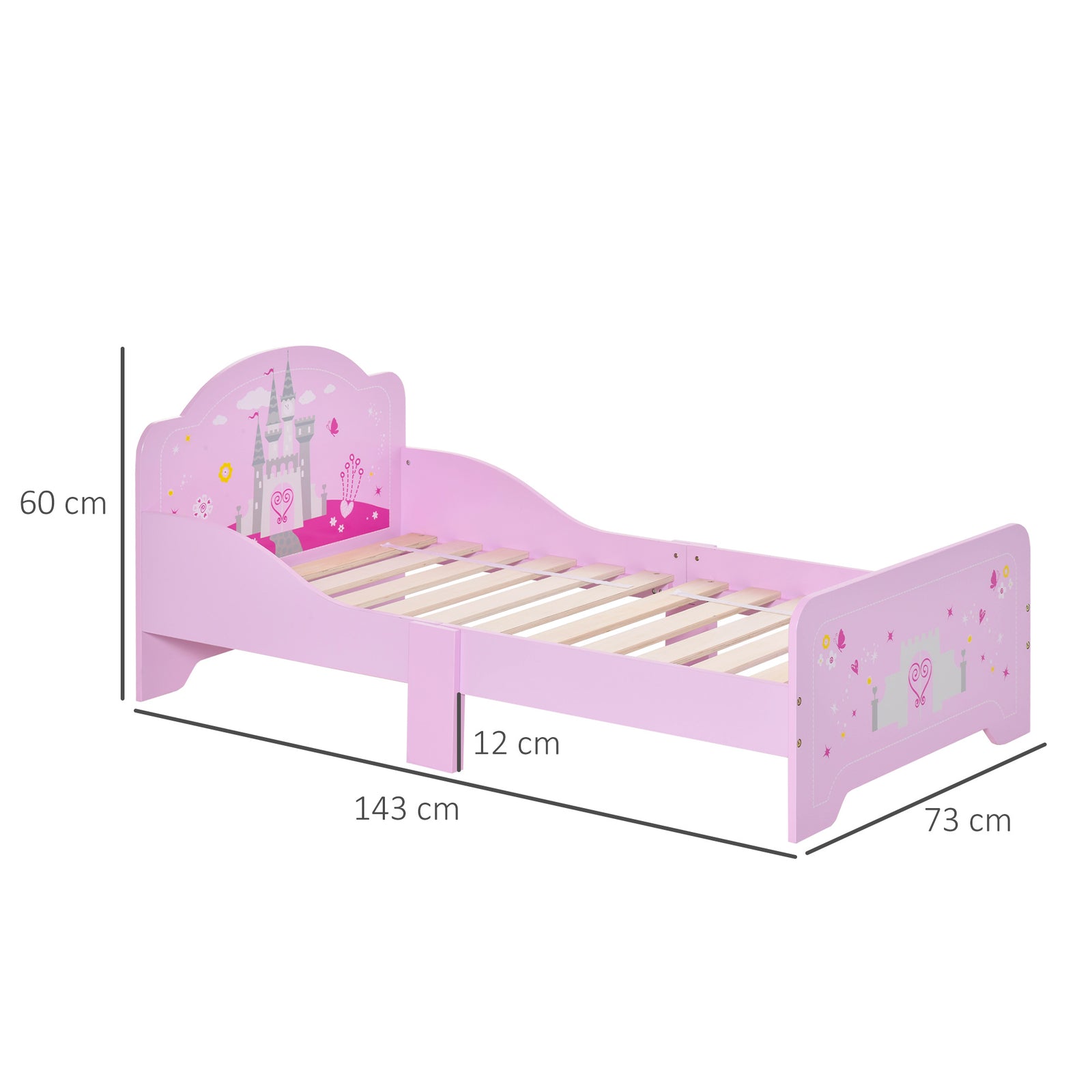 Kids Princess Castle Bed With Side Rails Slats Home Furniture 3-6 Yrs Pink