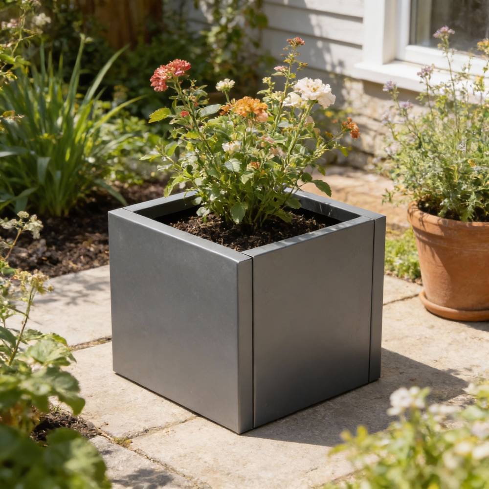 Zinc Galvanized Steel Planter Box With Drainage Hole –square Raised Planter Box Outdoor Balcony Garden Trough Pot | Small | Anthracite Grey