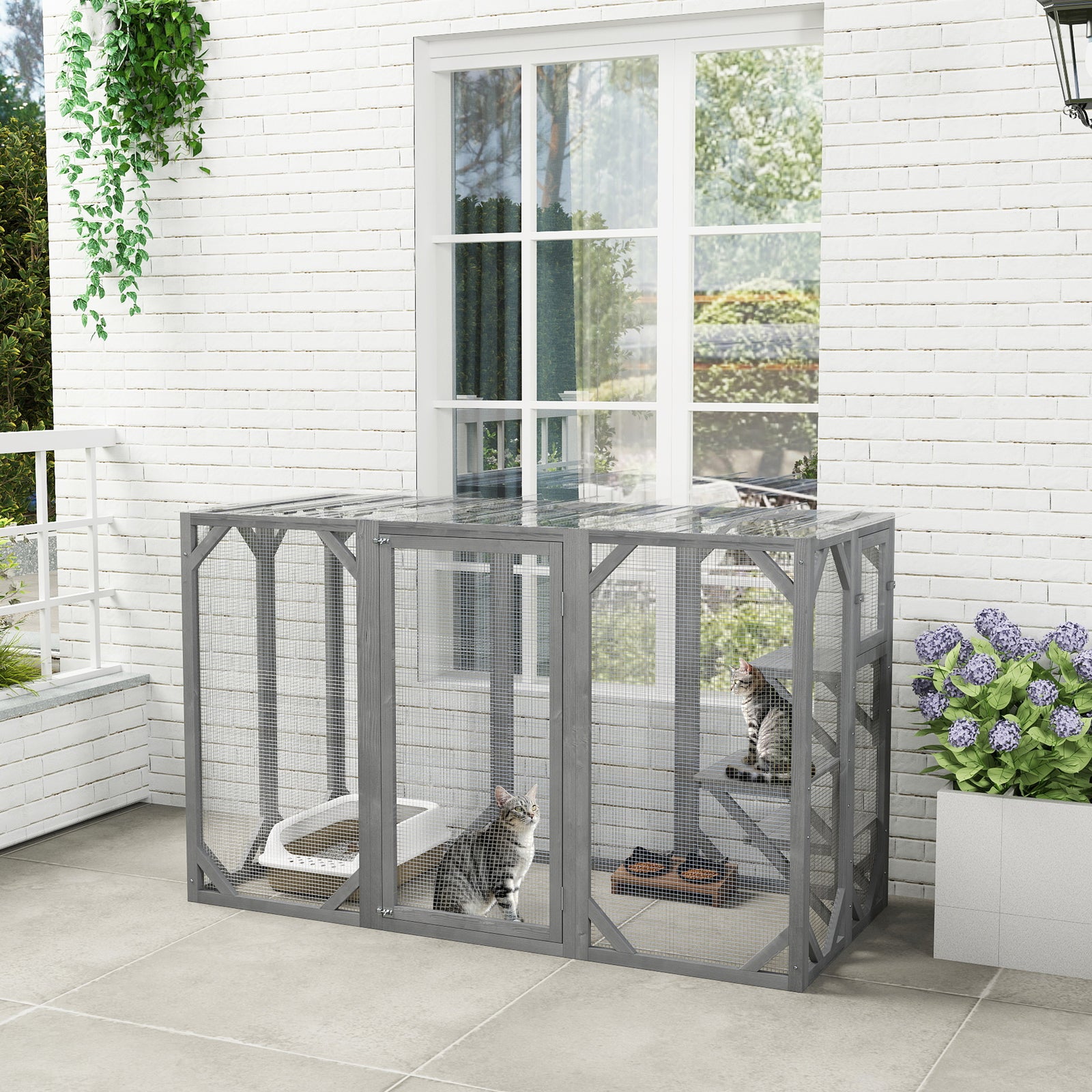Wooden Cat House, 71" Catio Outdoor Cat Enclosure With 3 Platforms, Large Door