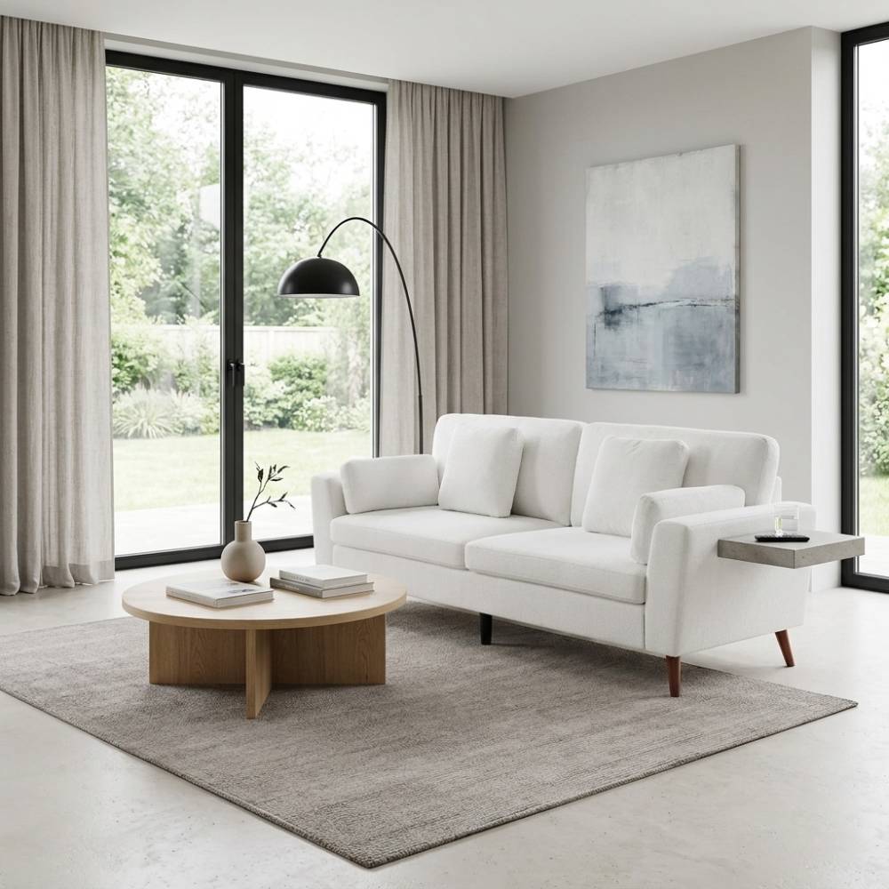 2-seater Chenille Upholstered Sofa With Pillows | White