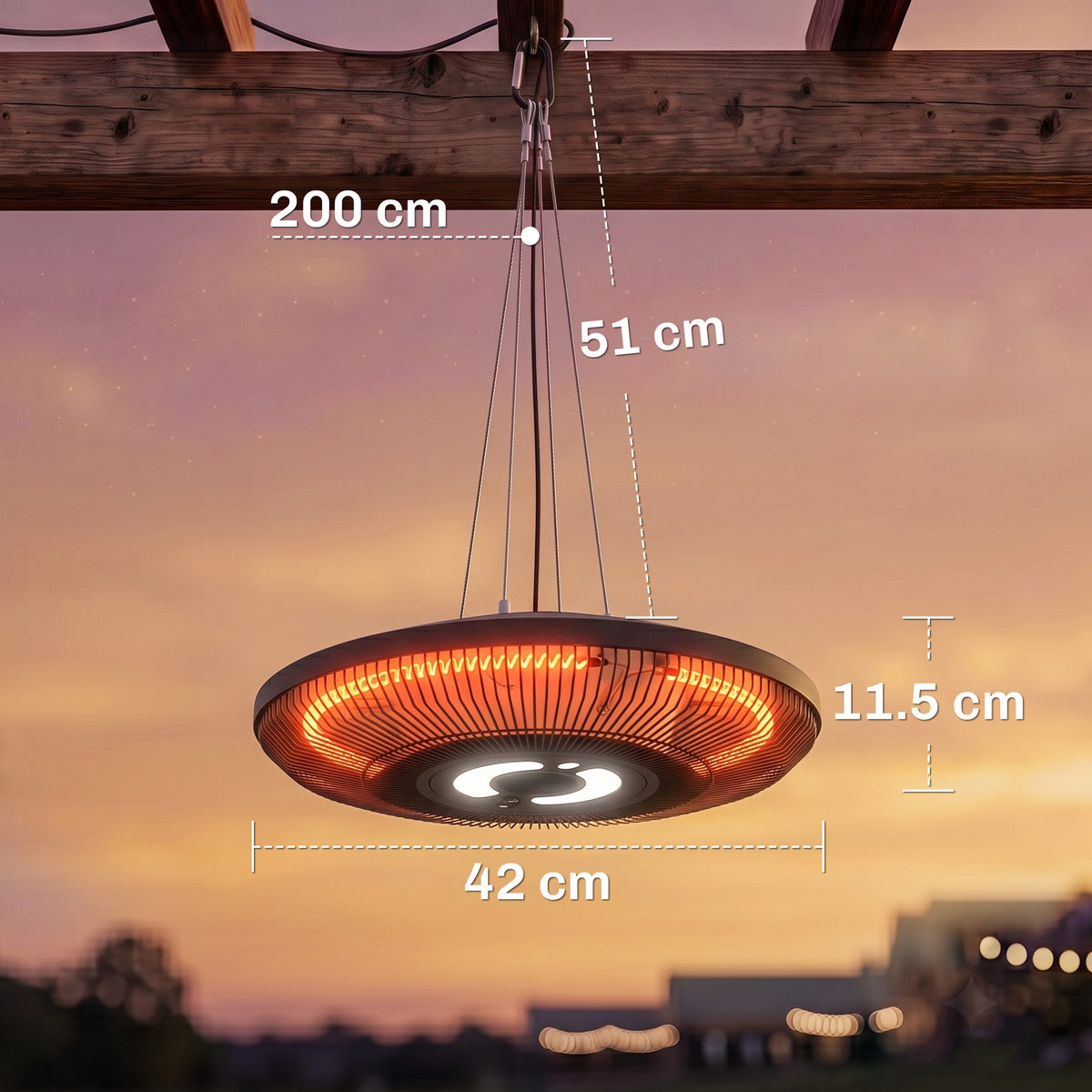 2000 W Hanging Electric Patio Heater With Led Light, Ip65, Black