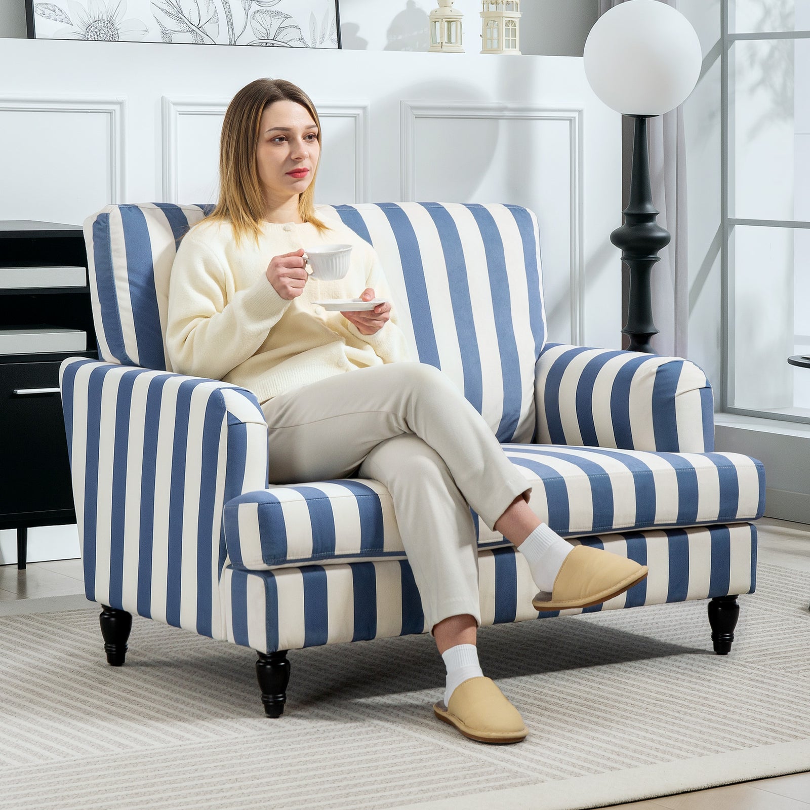 Cuddle Chair With Stripe, Armchair For Living Room | Blue