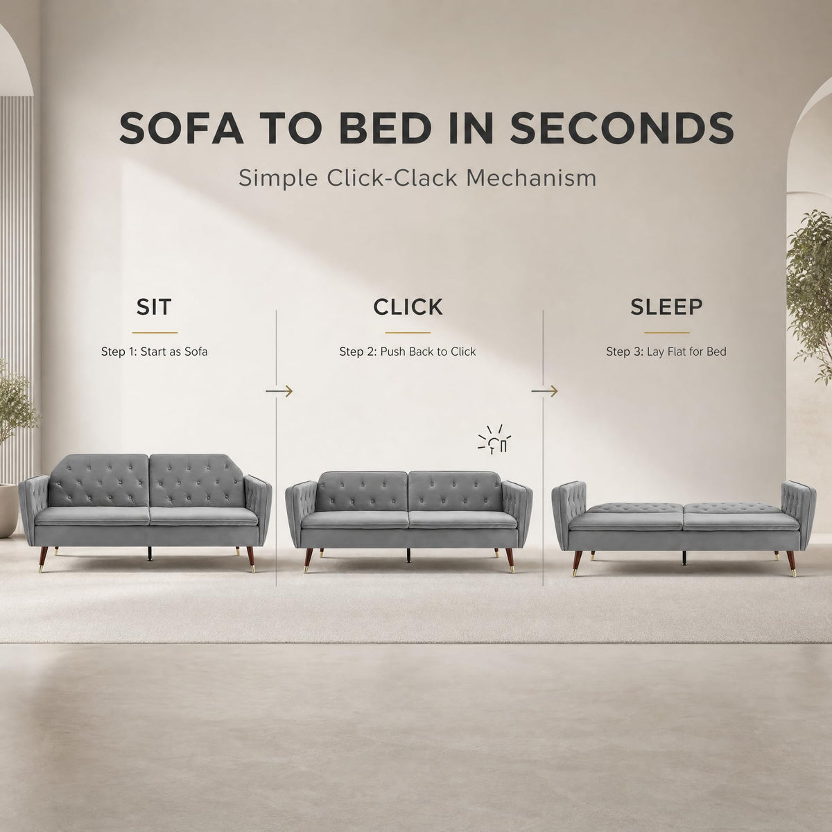 Victoria Velvet Sofa Bed 3 Seater | Light Grey