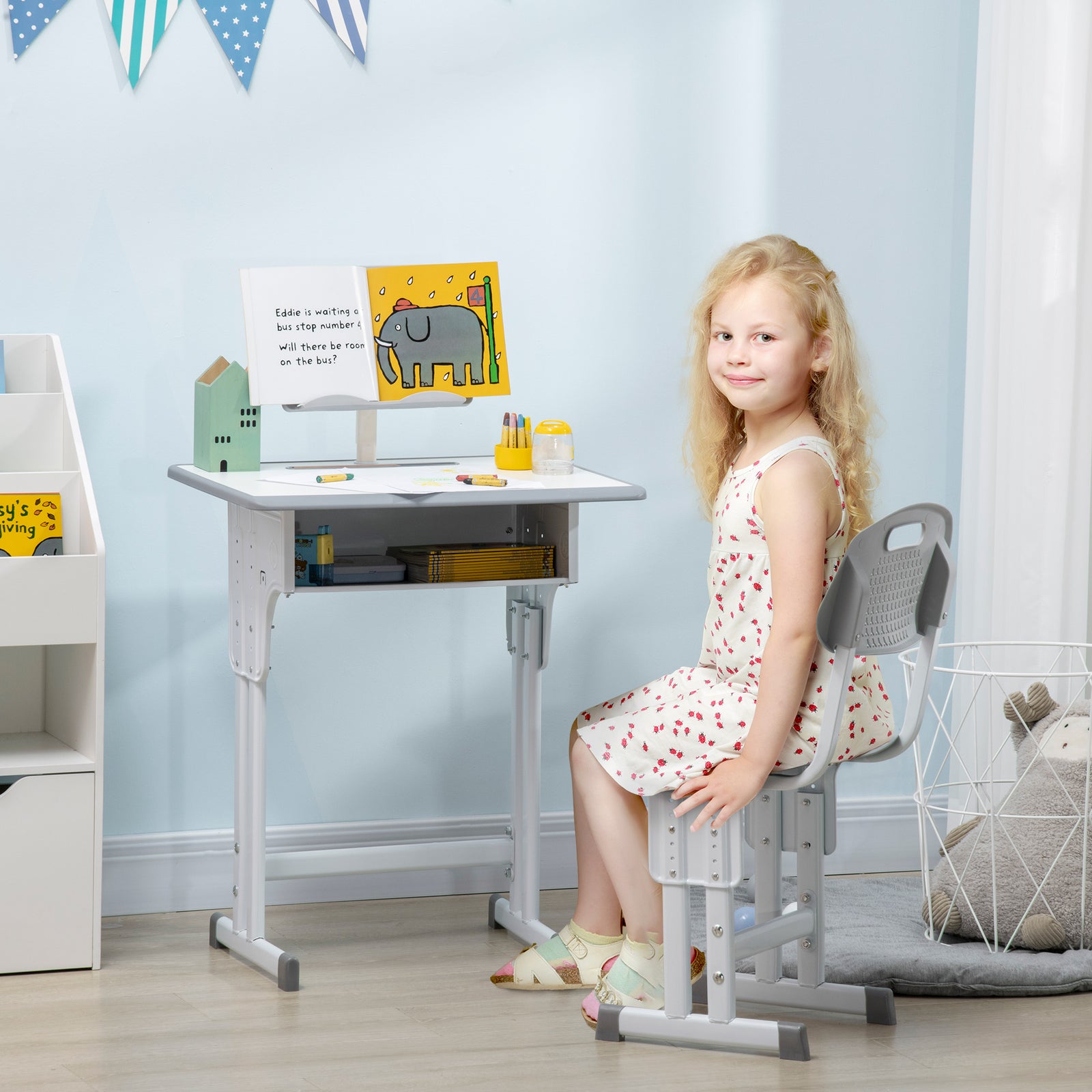 Kids Desk And Chair Set W/ Drawer, Book Stand, Pen Slot | Grey