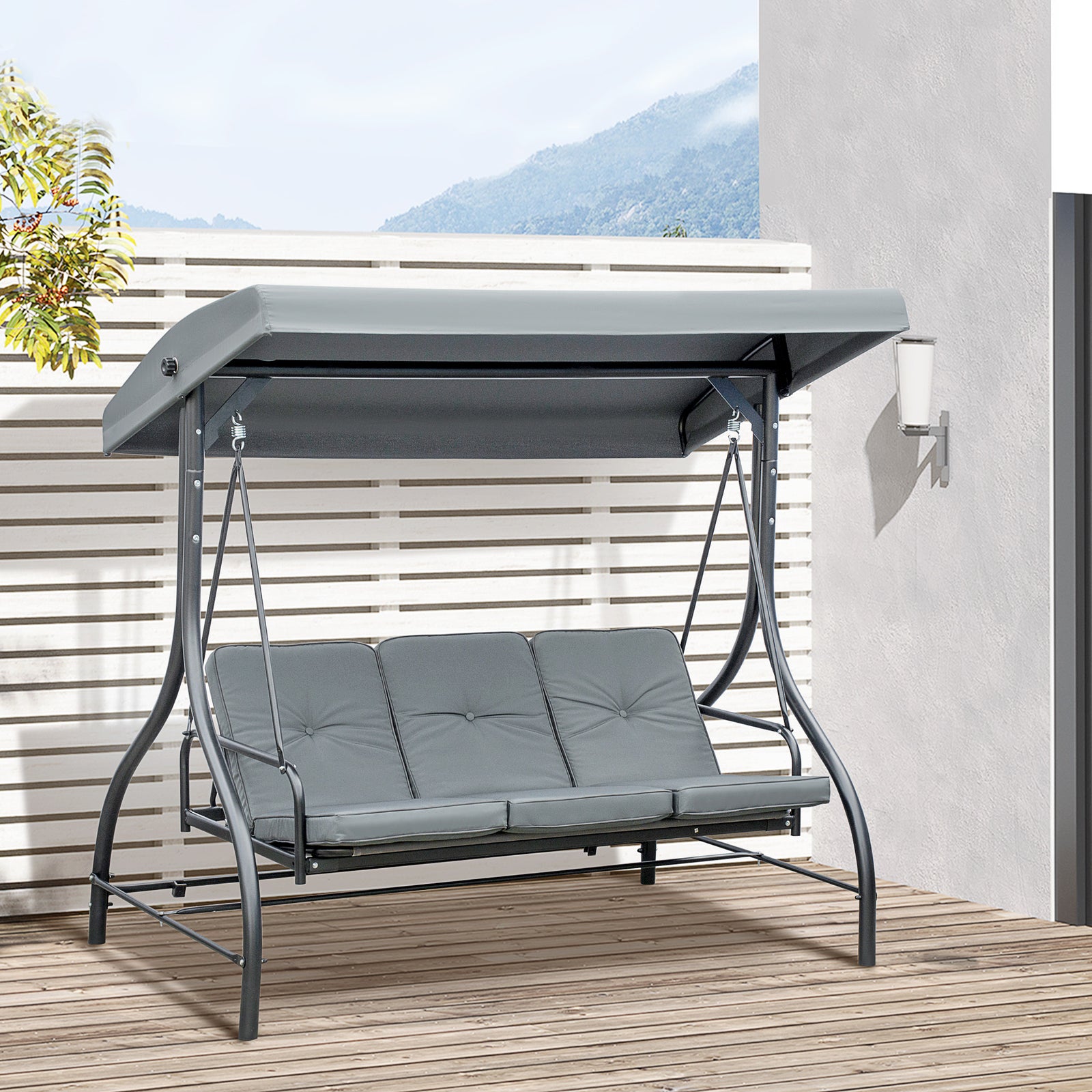 3 Seater Canopy Swing Chair Porch Hammock Bed Rocking Bench | Dark Gray