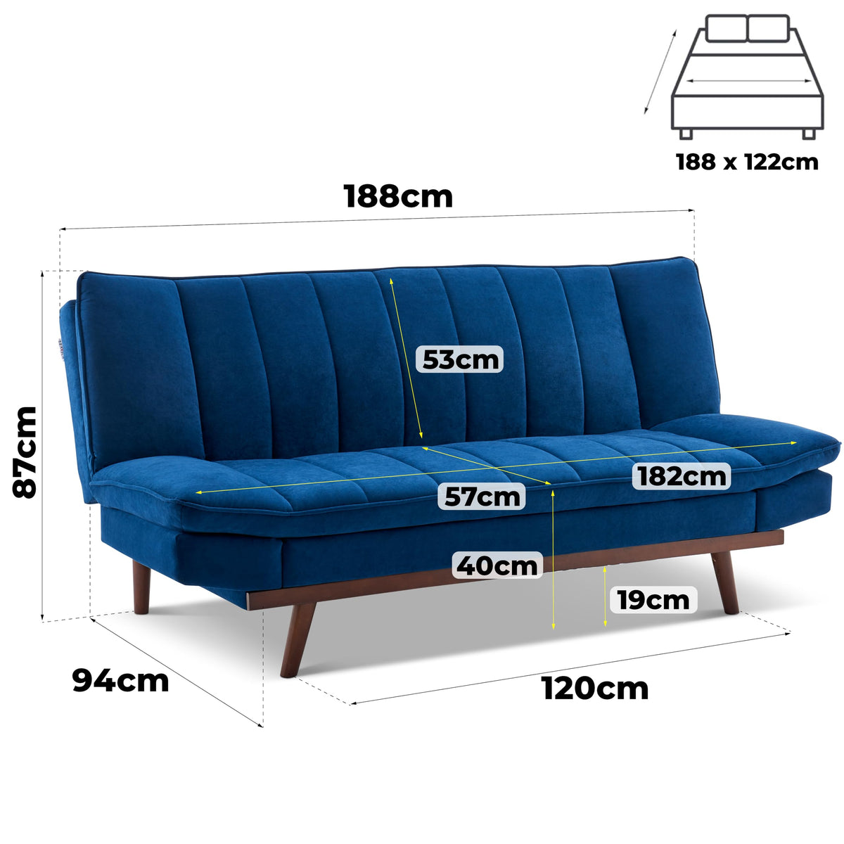 Mondaine Velvet Sofa Bed 3 Seater | Navy Blue