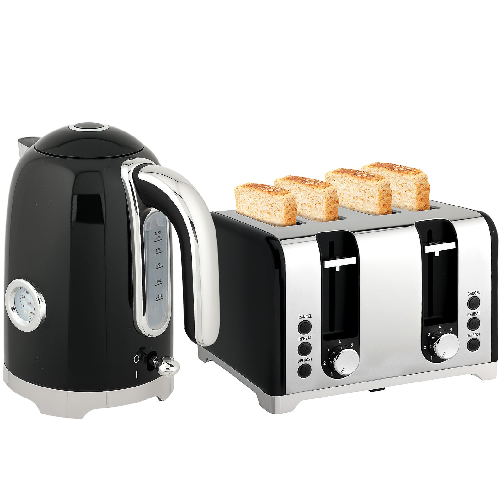 3000w 1.7l Kettle With Retro Thermometer, 4 Slice Toaster Set | Black
