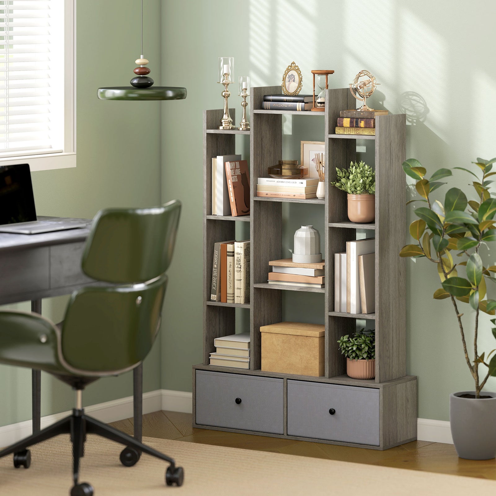 12-tier Bookshelf, Bookcase W/ 2 Folding Drawer | Brown