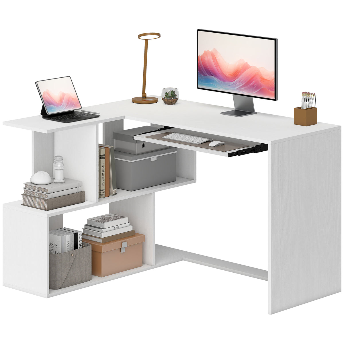 L-shaped Corner Desk With Keyboard Tray And Open Shelves, White