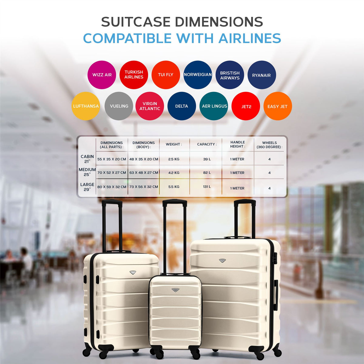Set Of 3 Hard Shell Suitcase Cabin & Check In Cases With Tsa Lock - Overhead Cabin With Medium & Large Check-in Bag | Set of 3 | Cream & Black