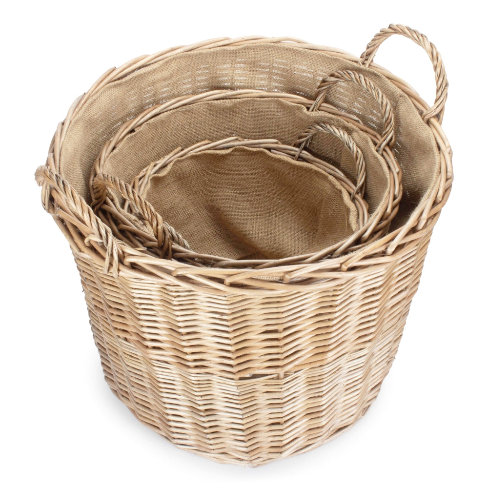 Chestnut Finish Wicker Round Lined Log Basket | Set of 3 | Natural