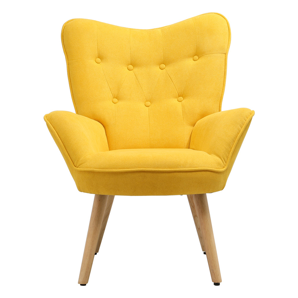 Mustard Yellow Tufted Button Linen Armchair With Wooden Legs