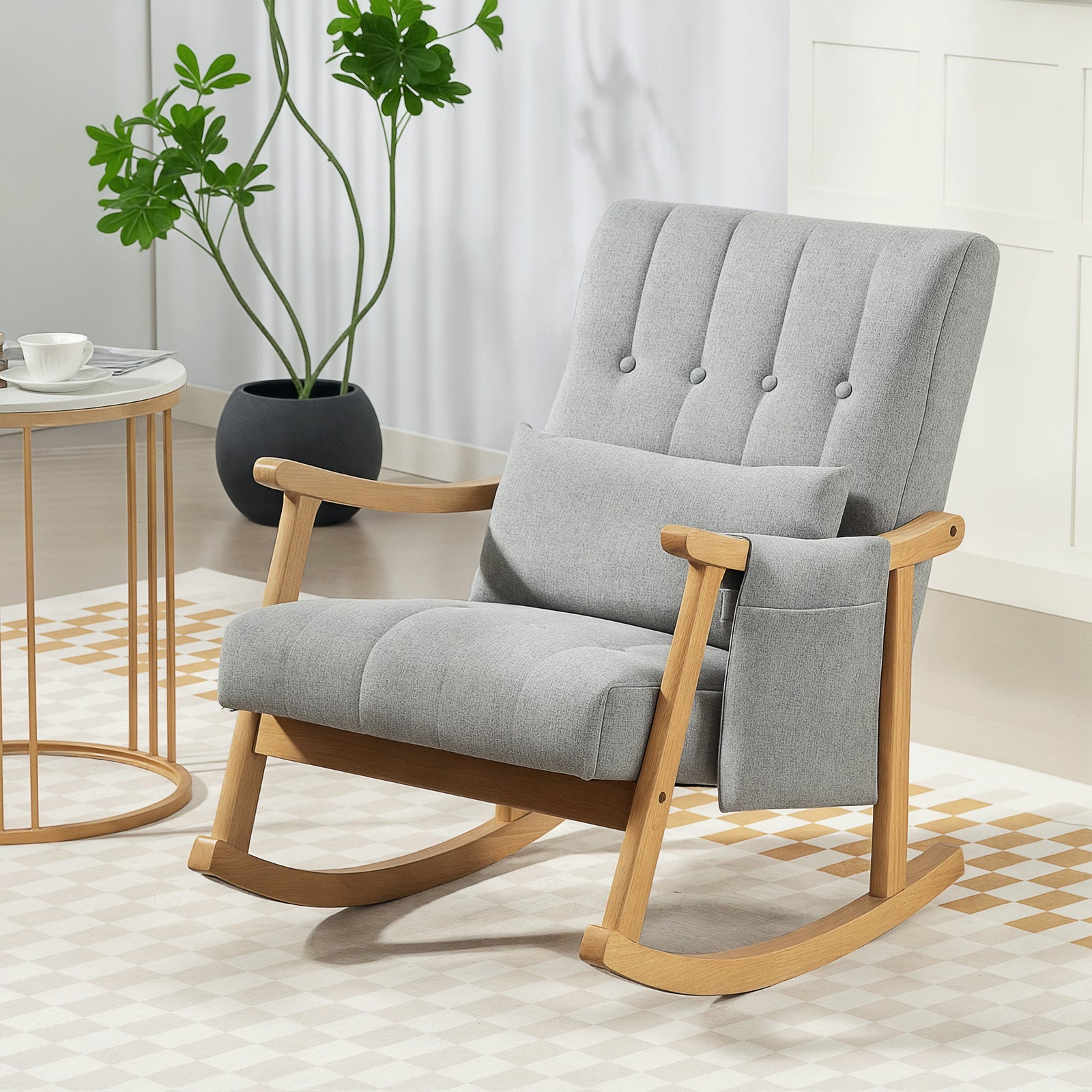 Modern High Back Rocking Chair With Solid Wood Legs | Light Grey