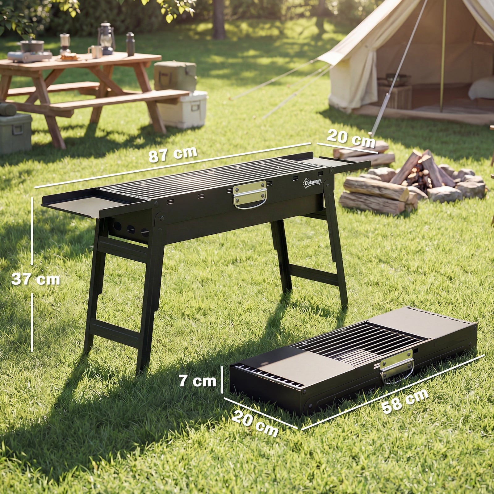 Bbq Grill, Charcoal Barbecue With 2 Side Shelves And Handle | Black