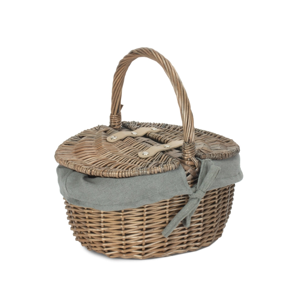 Wicker Small Antique Wash Double Lidded Oval Picnic Basket | Gray