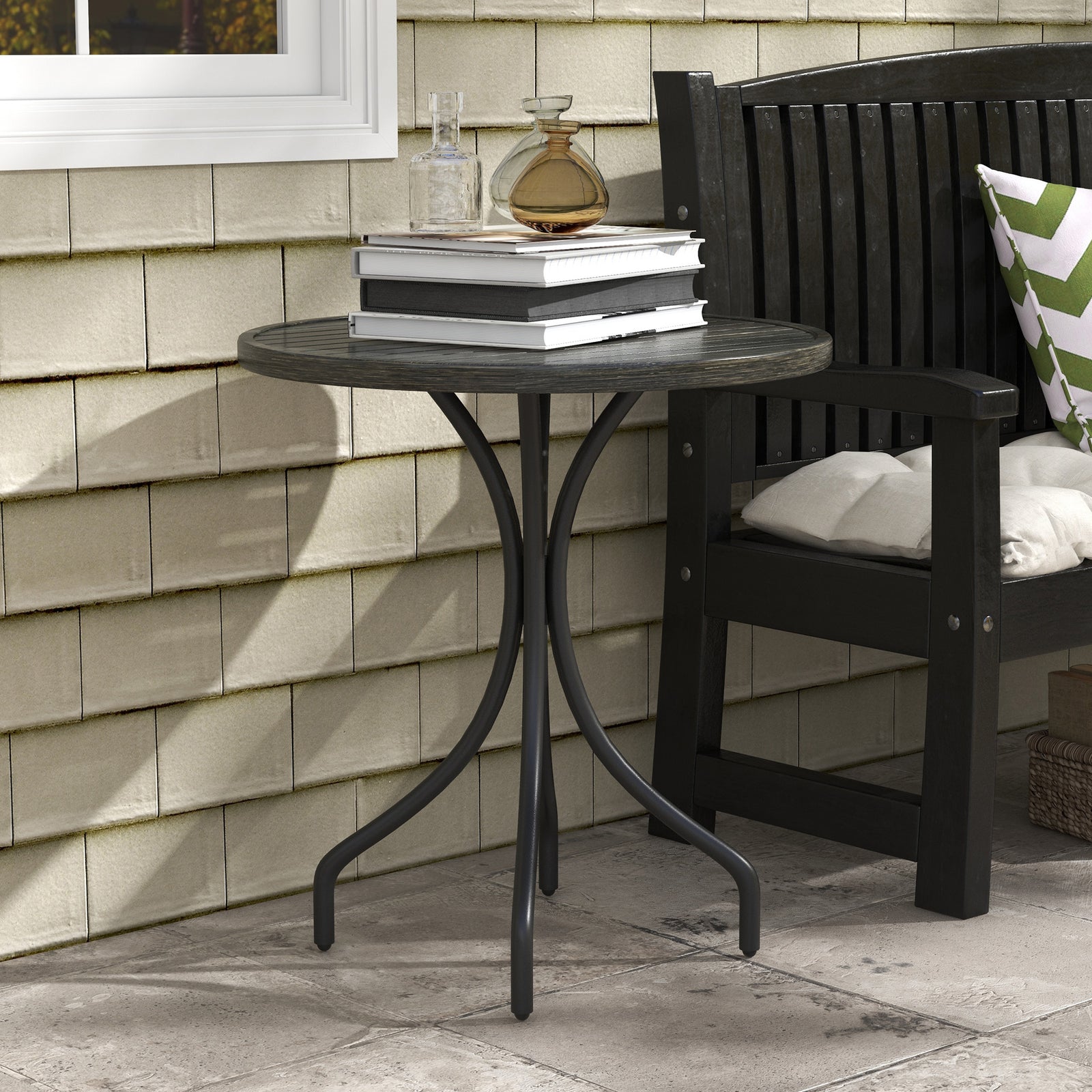 66cm Garden Table, Round Patio Table W/ Steel And Slat Top | Gray