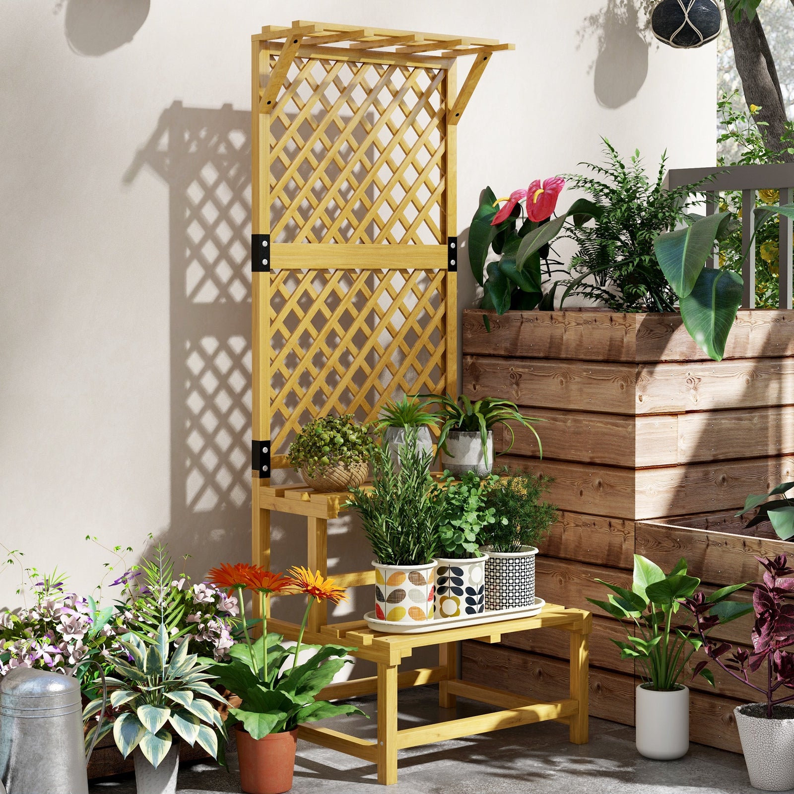 2 Tier Wooden Plant Stand With Trellis, Garden Bed | Yellow