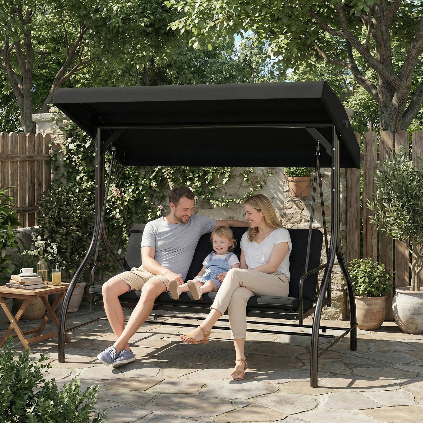 3 Seater Canopy Swing Chair Porch Hammock Bed | Black