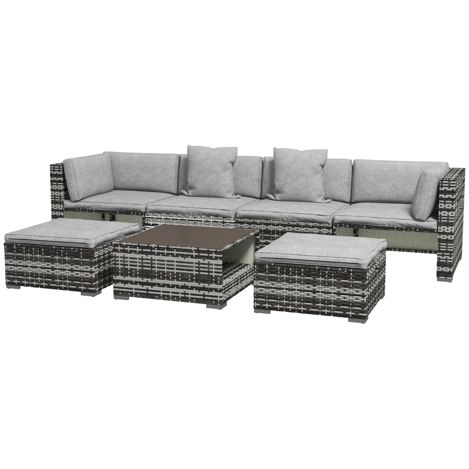 7 Pieces Rattan Set W/ Sofa, Shelf, Table, Cushions