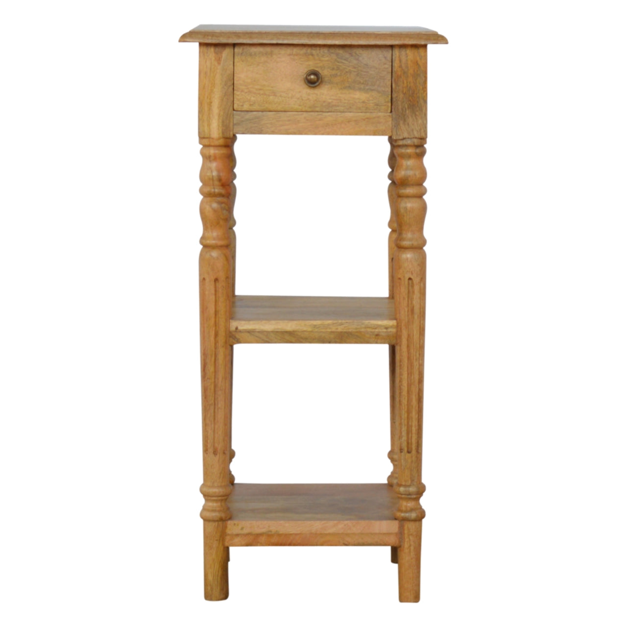 Turned Leg Telephone Table, 1 Drawer, 2 Open Shelf, Brown
