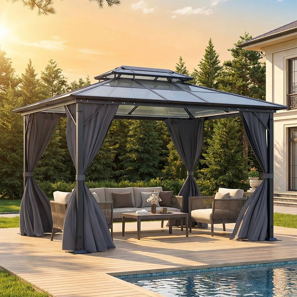 3 x 3.6m Hardtop Patio Gazebo with Curtains, Double-Tier Roof, Steel & Aluminium Frame, Outdoor Garden Sun Shelter Canopy, 2.7m High