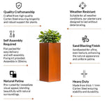 Corten Steel Tall Square Planter - Pre-rusted | 25cm x 25cm x 50cm | Brown