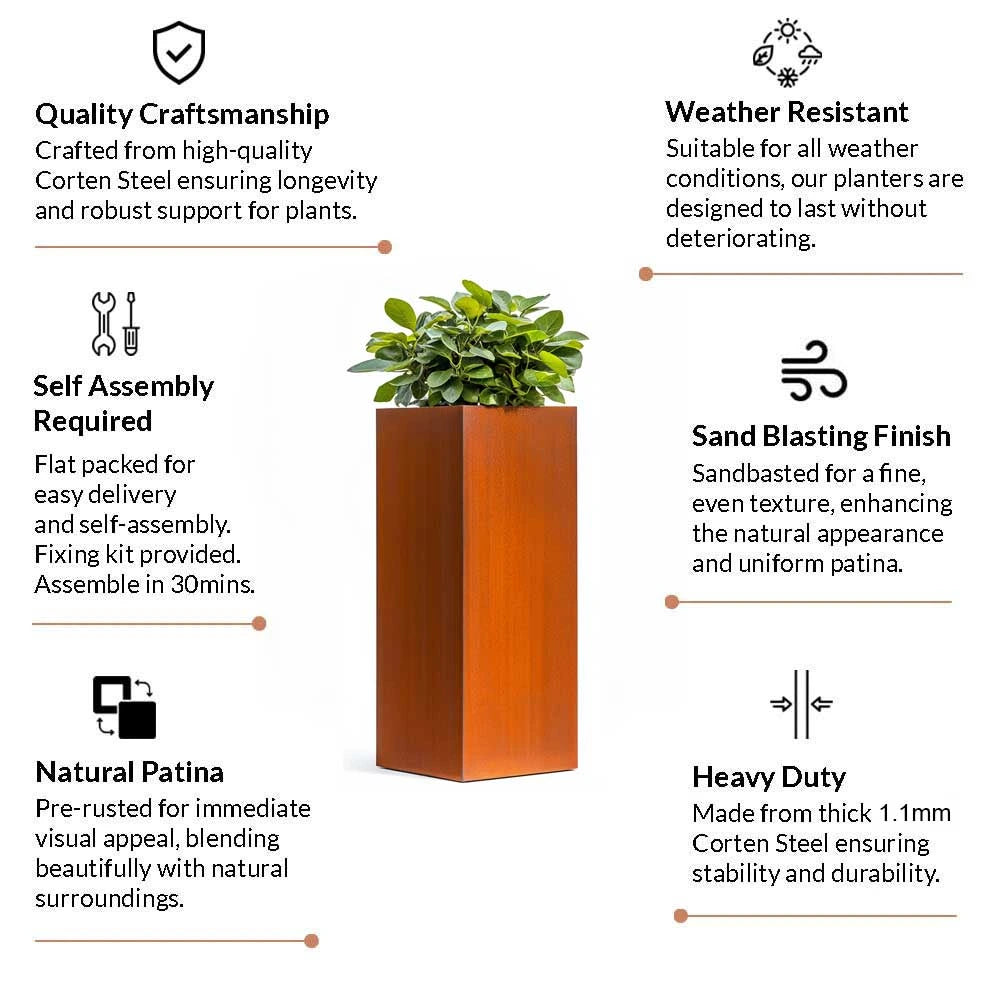 Corten Steel Tall Square Planter - Pre-rusted | 25cm x 25cm x 50cm | Brown
