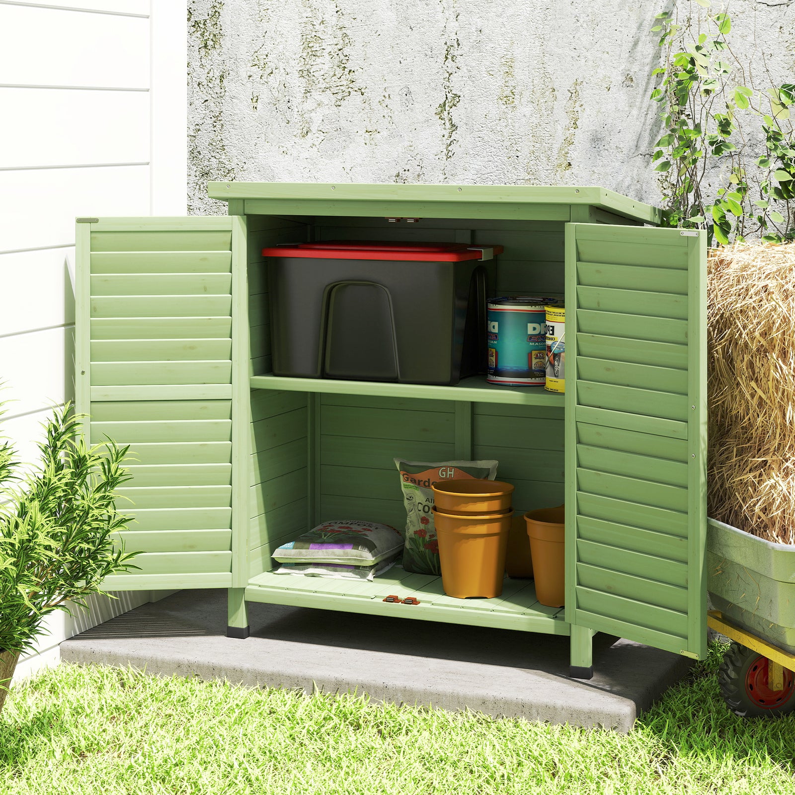 Solid Wood Garden Storage Shed With Doors Green