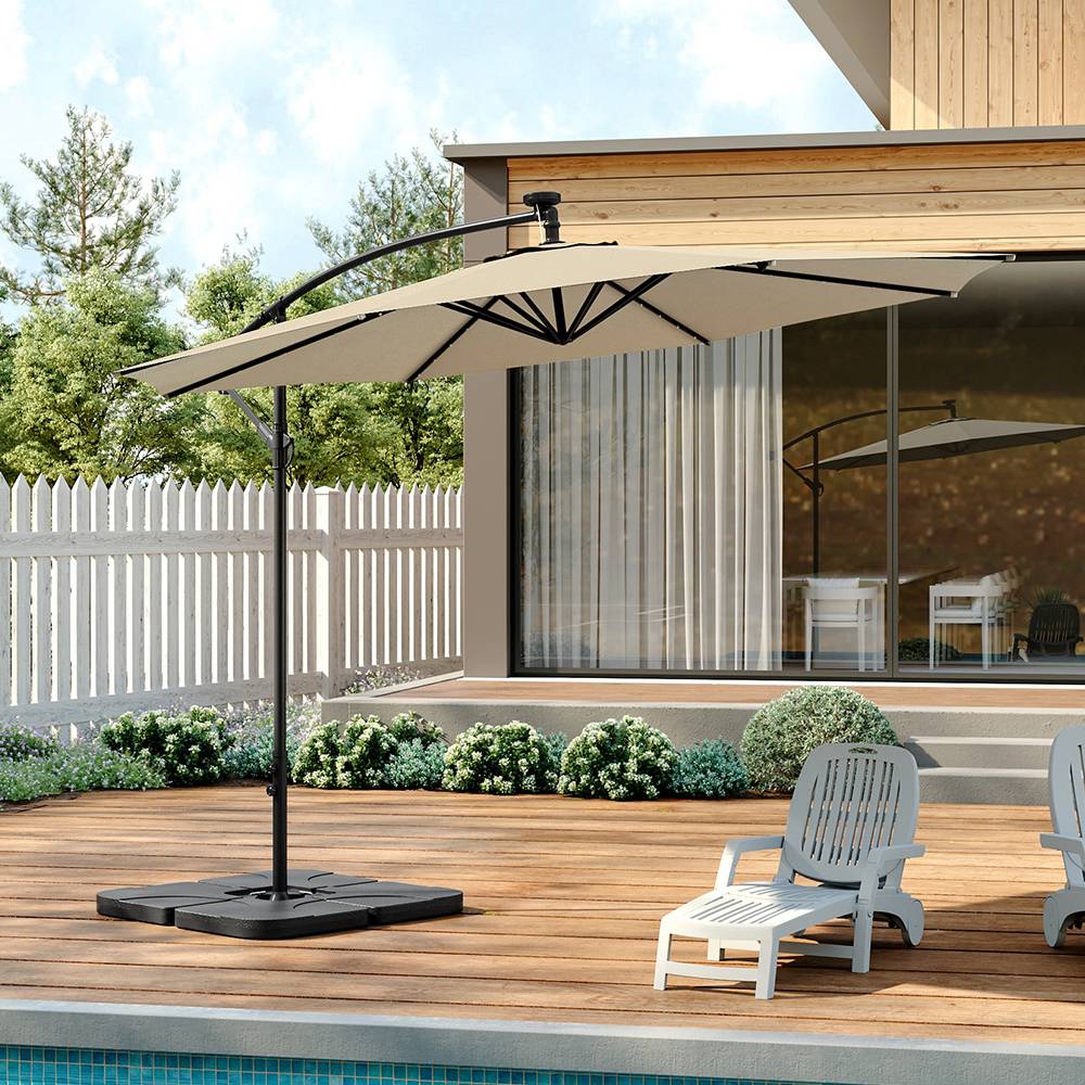 3 M Banana Patio Umbrella Cantilever Garden Parasol With Solar-powered 32 Led Lights, Crank For Opening Closing With Cross Base & Large Fillable Base | One Size | Beige